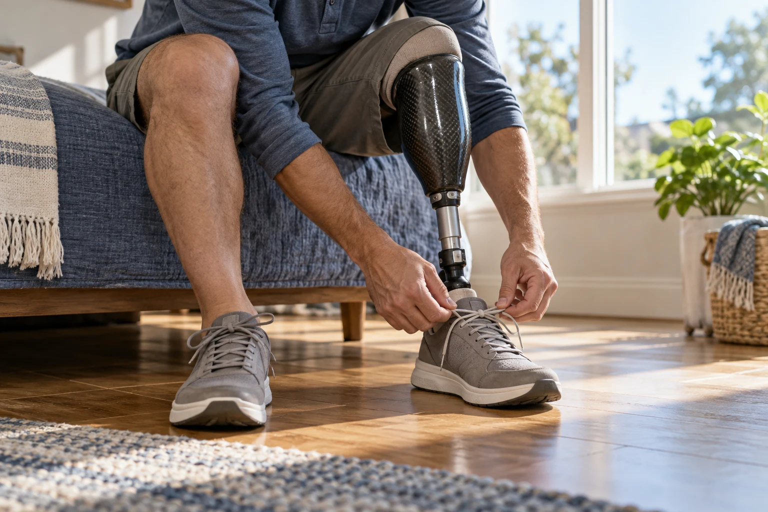 Illustrative close-up of a person fastening a shoe on their prosthetic leg in a sunlit home.